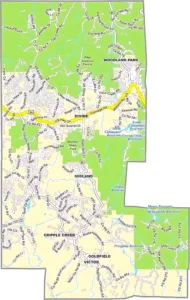 Teller County Colorado GIS Map showing county boundaries, cities, roads, and geographic features.