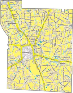 Thomas County Georgia GIS Map showing county boundaries, major roads, cities, highways, rivers, and geographic features.