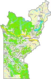 Trinity County California GIS Map showing county boundaries, cities, roads, and geographic features.