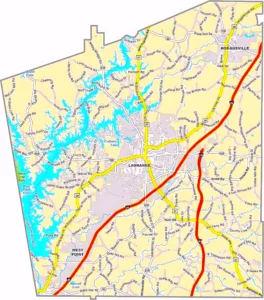Troup County Georgia GIS Map showing county boundaries, major roads, cities, highways, rivers, and geographic features.