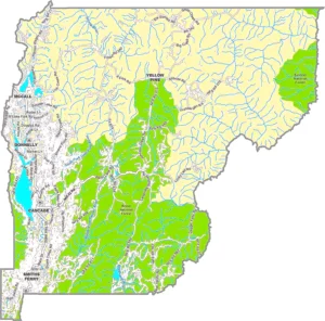 Valley County Idaho GIS Map showing county boundaries, roads, communities, and geographic features.