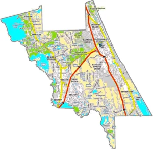 Volusia County Florida GIS Map showing county boundaries, roads, cities, beaches, and waterways.