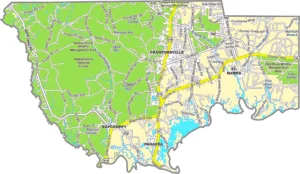 Wakulla County Florida GIS Map showing county boundaries, roads, forests, rivers, and nearby locations.