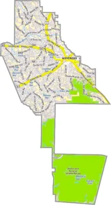 Ware County Georgia GIS Map showing county boundaries, major roads, cities, highways, rivers, and geographic features.