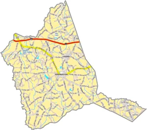 Warren County Georgia GIS Map showing county boundaries, major roads, cities, highways, rivers, and geographic features.