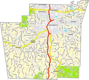 Washington County Arkansas GIS Map showing county boundaries, roads, cities, and geographic features.