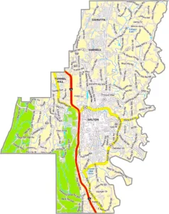 Whitfield County Georgia GIS Map showing county boundaries, major roads, cities, highways, rivers, and geographic features.