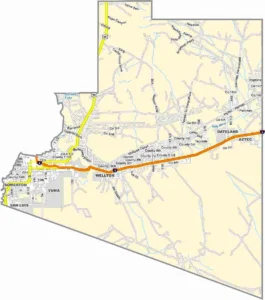 Yuma County Arizona Map showing county boundaries, highways, cities, and geographic landmarks.