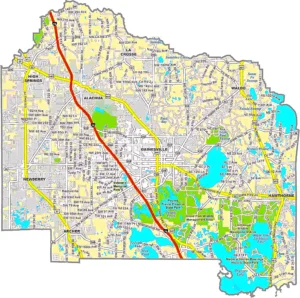 Alachua County Florida GIS Map showing county boundaries, cities, roads, and geographic features.