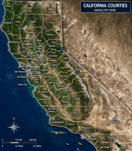 california satellite county map showing county boundaries, cities, roads, and geographic features.